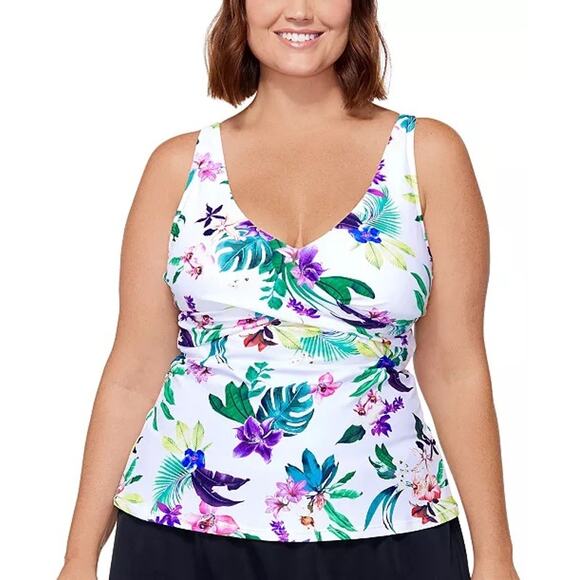 Island Escape Floral Printed Monterey Underwire Shirred Tankini Swim Top 20W - Picture 1 of 6